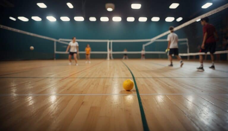 A squash court with two players on opposite sides, each holding a racket. The court is marked with boundary lines and a small rubber ball bounces between the players