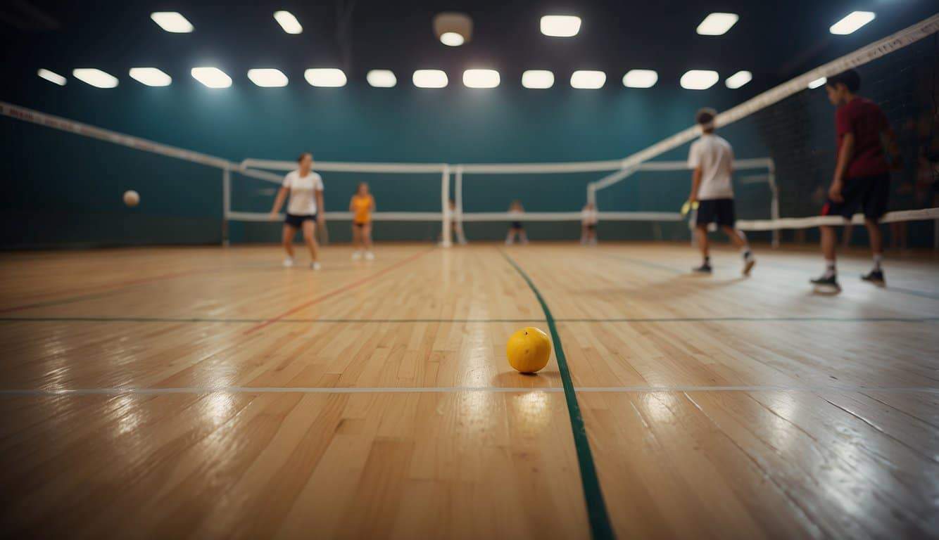 A squash court with two players on opposite sides, each holding a racket. The court is marked with boundary lines and a small rubber ball bounces between the players