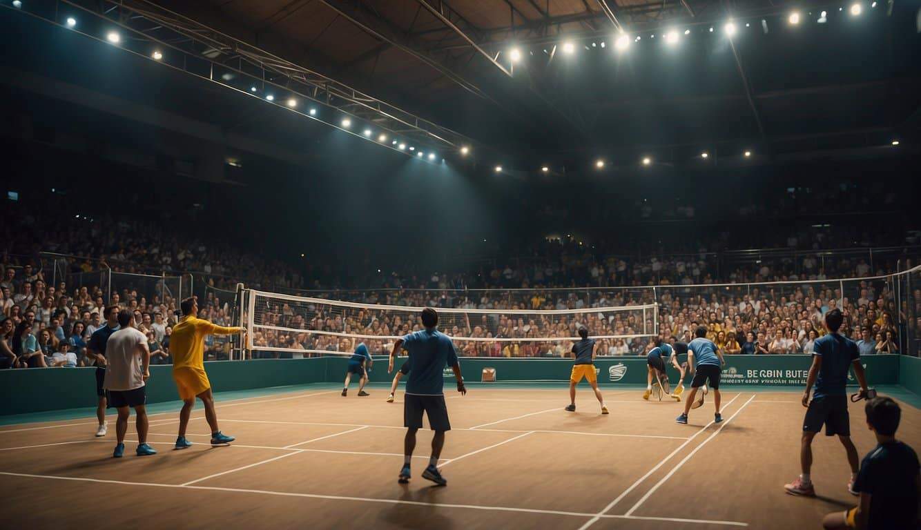 A packed squash court with intense matches and cheering spectators