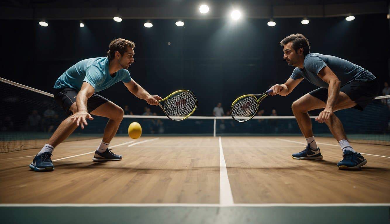 Two squash players face off on a court, racquets poised, ready to strike the ball. The tension is palpable as they anticipate the next move