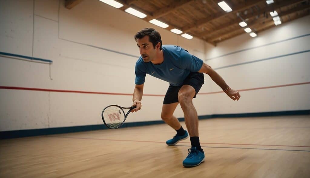 A beginner squash player practicing basic rules on the court. The player is hitting the ball against the wall, focusing on technique and footwork