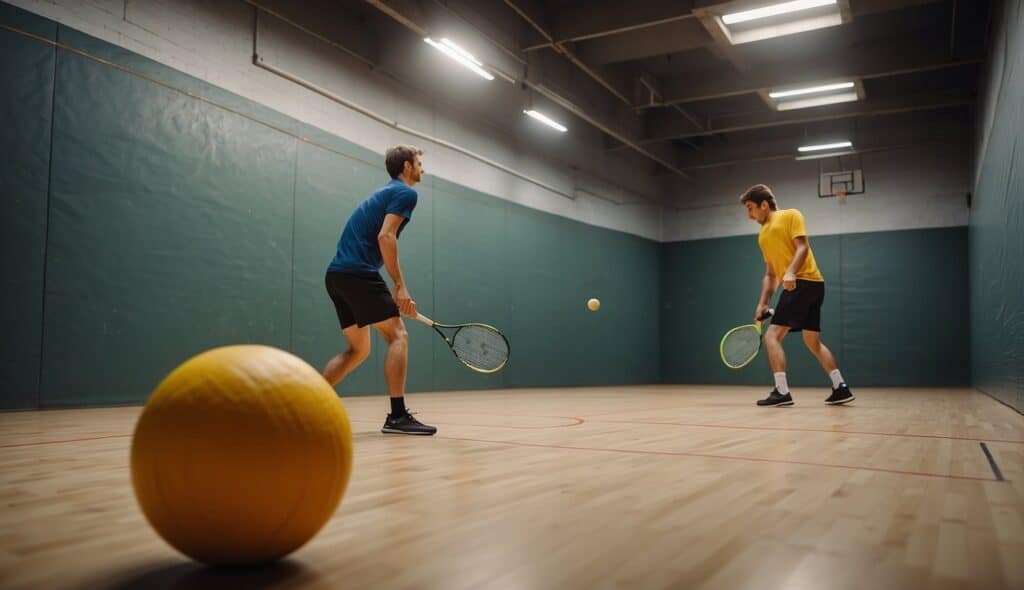 A squash court with two players hitting a small rubber ball against the walls using rackets