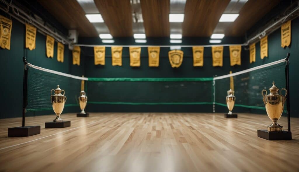 A squash court with championship banners and trophies on display