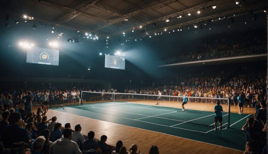 A squash court with spectators watching a tournament. Banners and logos of famous squash events displayed. Excitement and energy in the air