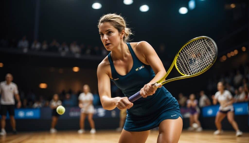 Famous female squash players and current rankings depicted in an action-packed match on a vibrant court