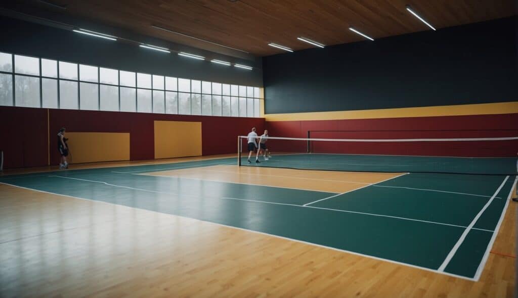 A squash court in Germany, with players in action, spectators watching, and the German flag displayed prominently