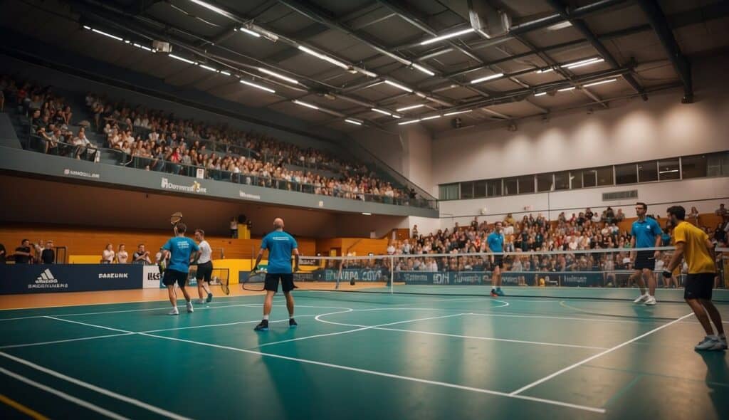 A squash court filled with competitive players and spectators in Germany. Banners and logos of national competitions and leagues are prominently displayed