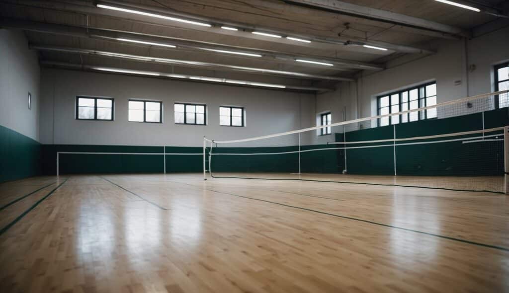 A squash court in Germany with organized equipment and infrastructure