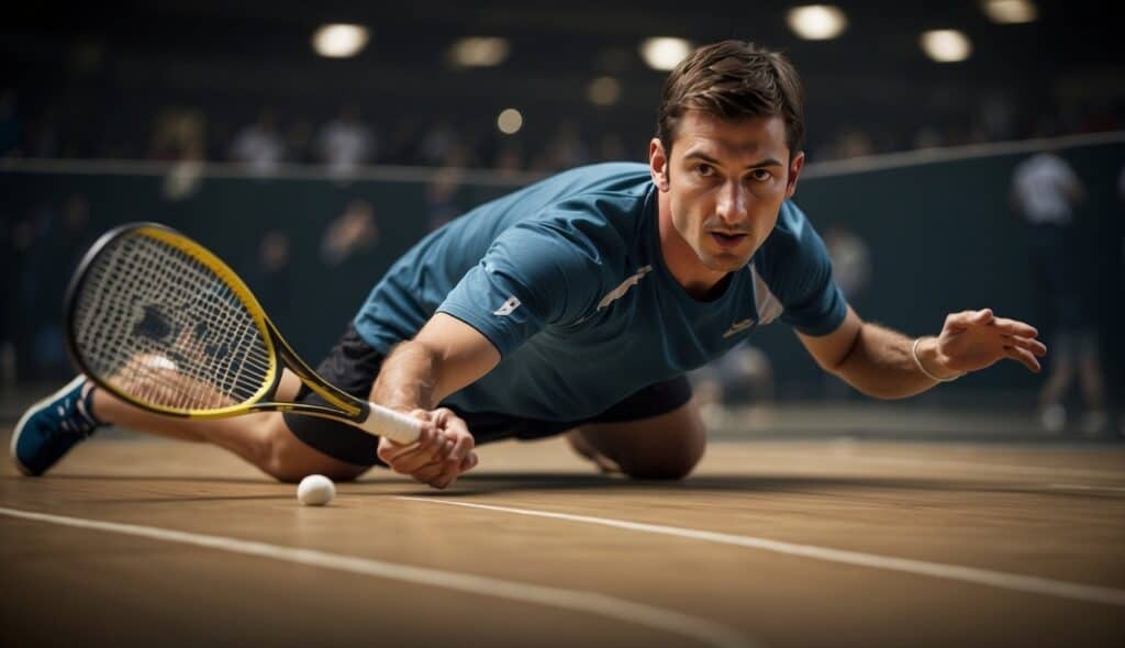 A player strategizes and executes tactics in a fast-paced game of squash. The player focuses on technique and strategy to outmaneuver their opponent