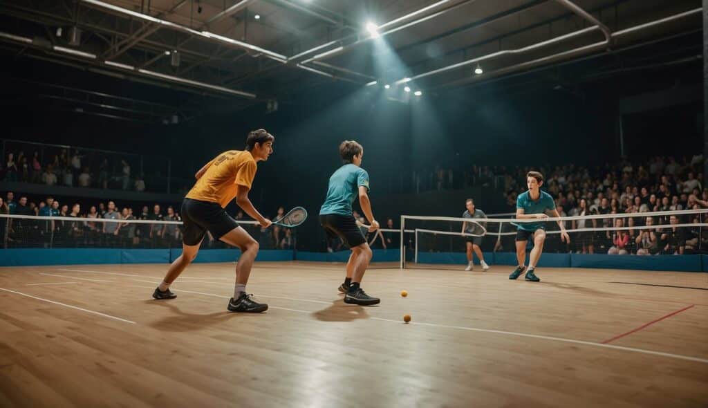 A vibrant youth squash event with players competing and spectators watching from the sidelines. The atmosphere is energetic and filled with excitement