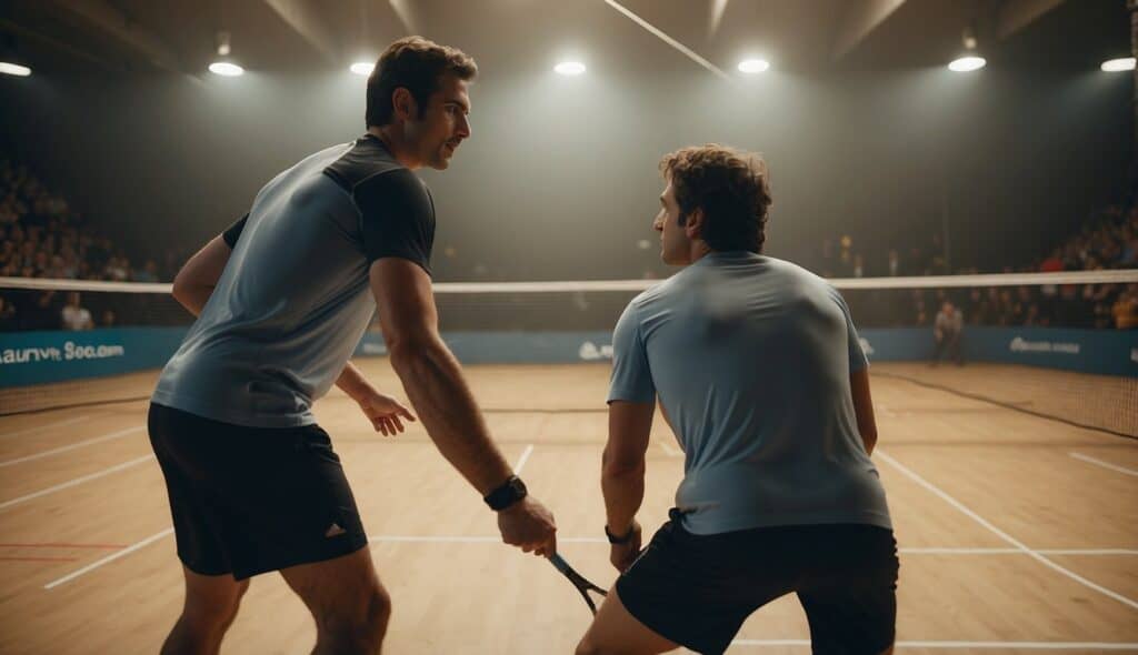 Two squash players strategizing on the court, planning their moves and tactics