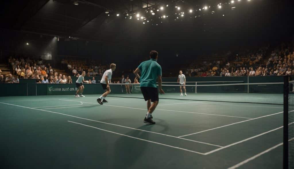 A squash court with two players competing, a referee overseeing the match, and spectators watching from the sidelines. The players are moving quickly, hitting the ball with precision and agility