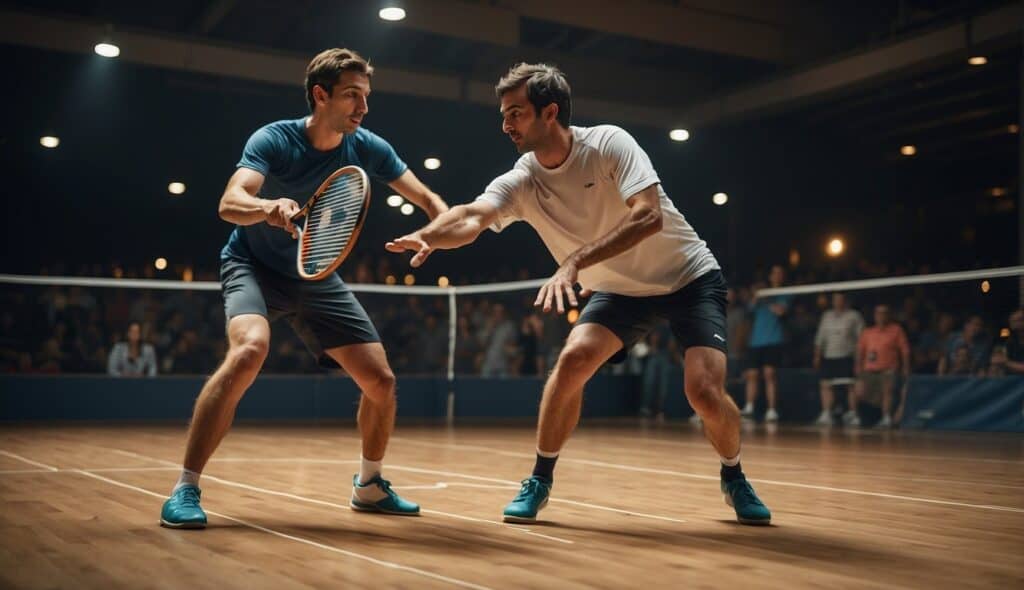 Two squash players compete in a tournament, with intense focus and fast-paced movement on the court