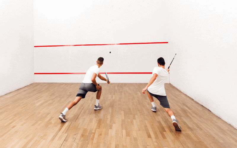 A global squash tournament with historical artifacts and flags from different countries displayed in a vibrant setting