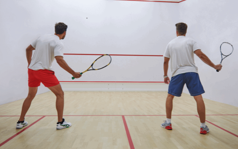 Players executing various squash techniques and strategies on the court